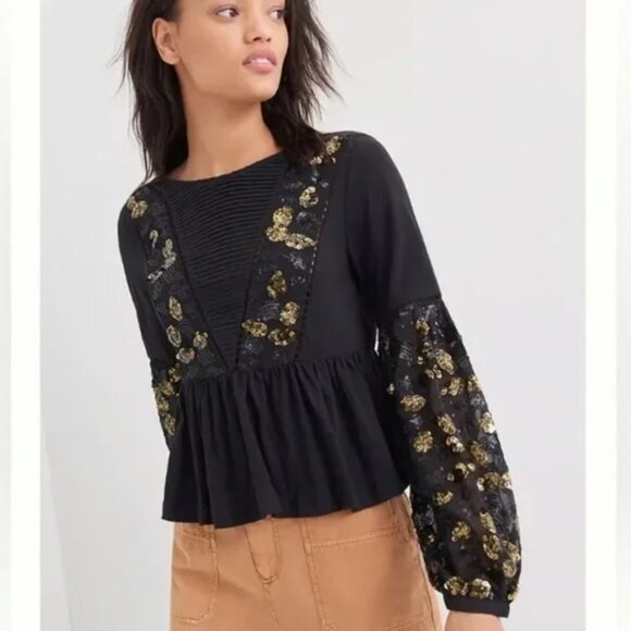 Anthropologie Black & Gold “Neale” Sequined Peplum Pintuck Top Size Medium - Picture 2 of 13
